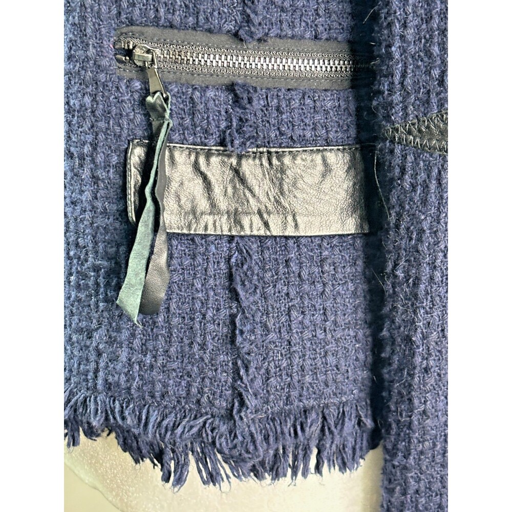 REBECCA TAYLOR Boucle Fringe Blazer SIZE 4 Navy Blue Black Leather Trim Coat EUC - Picture 8 of 16